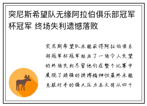 突尼斯希望队无缘阿拉伯俱乐部冠军杯冠军 终场失利遗憾落败
