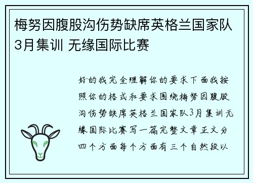 梅努因腹股沟伤势缺席英格兰国家队3月集训 无缘国际比赛