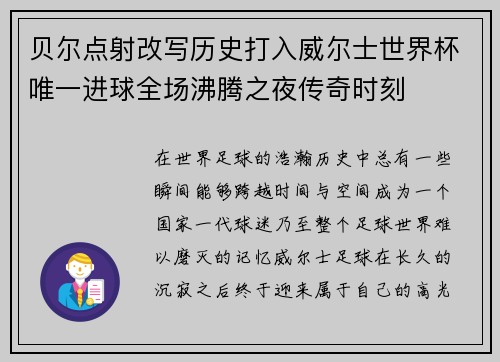 贝尔点射改写历史打入威尔士世界杯唯一进球全场沸腾之夜传奇时刻